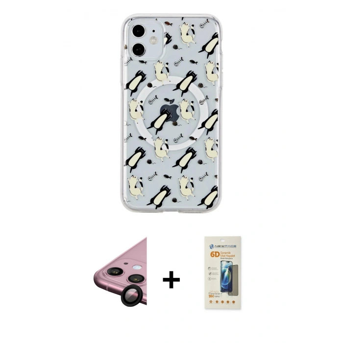 MARSİLYAN™- iPhone 11 Kılıf Pusula Form - Siyah 6D Mat Seramik Hayalet Nano Ekran Koruyucu + Raze Metal Kamera Lens - SH