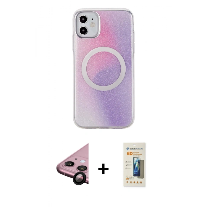 MARSİLYAN™- iPhone 11 Kılıf Pusula Form - Siyah 6D Mat Seramik Hayalet Nano Ekran Koruyucu + Raze Metal Kamera Lens - SH