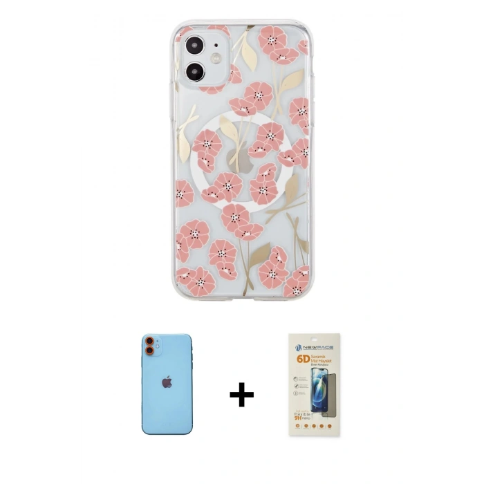 MARSİLYAN™- iPhone 11 Kılıf Pusula Form - Siyah 6D Mat Seramik Hayalet Nano Ekran Koruyucu + Neon Fosforlu Kamera Lens - TU