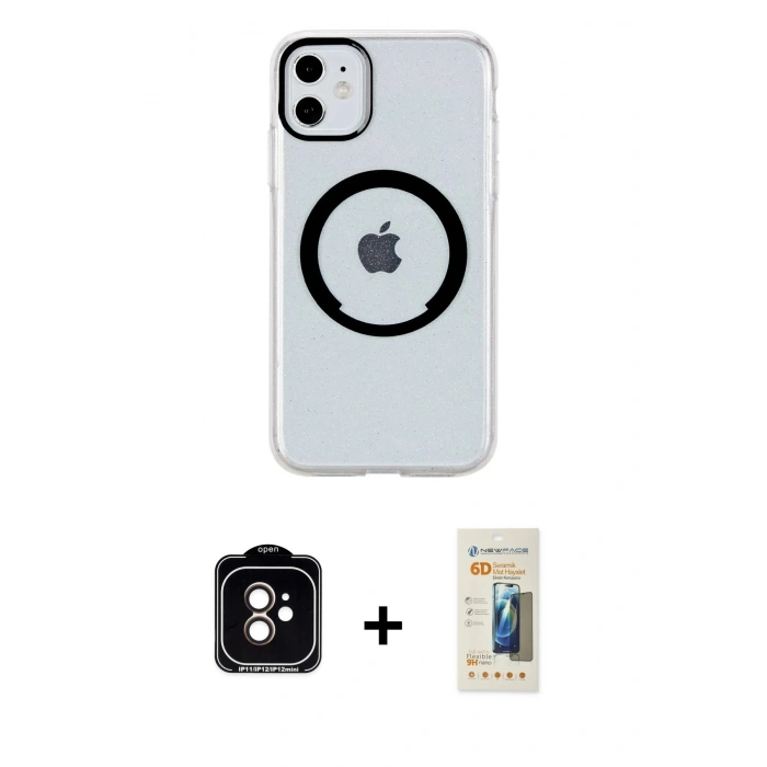 MARSİLYAN™- iPhone 11 Kılıf Pusula Form - Siyah 6D Mat Seramik Hayalet Nano Ekran Koruyucu + PVD Metal Kamera Lens - TU