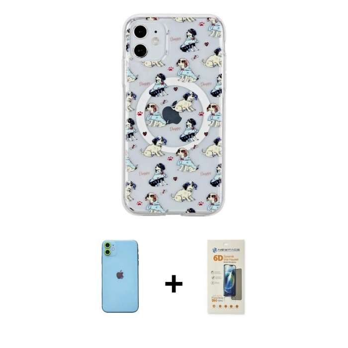 MARSİLYAN™- iPhone 11 Kılıf Pusula Form - Siyah 6D Mat Seramik Hayalet Nano Ekran Koruyucu + Neon Fosforlu Kamera Lens - YL