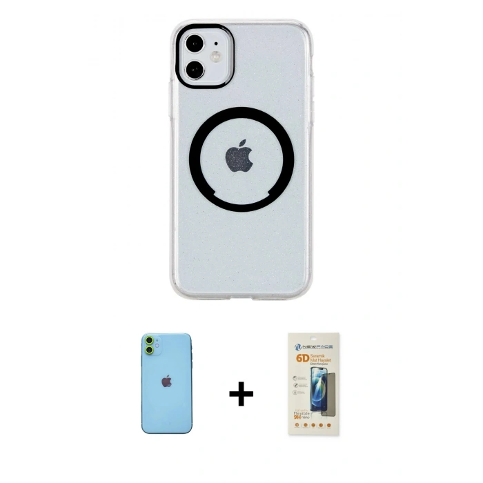 MARSİLYAN™- iPhone 11 Kılıf Pusula Form - Siyah 6D Mat Seramik Hayalet Nano Ekran Koruyucu + Neon Fosforlu Kamera Lens - YL