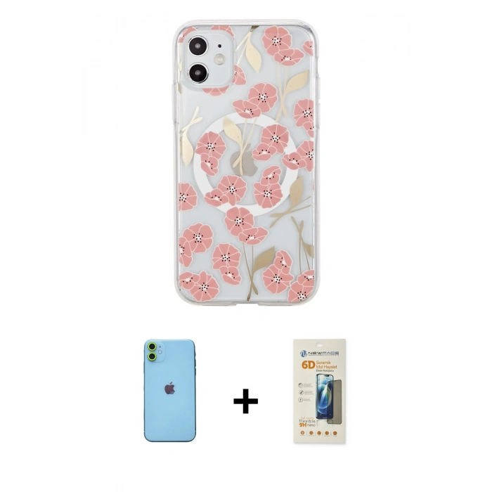 MARSİLYAN™- iPhone 11 Kılıf Pusula Form - Siyah 6D Mat Seramik Hayalet Nano Ekran Koruyucu + Neon Fosforlu Kamera Lens - YL