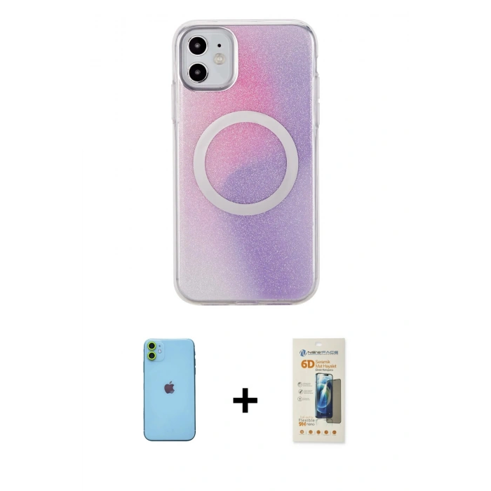 MARSİLYAN™- iPhone 11 Kılıf Pusula Form - Siyah 6D Mat Seramik Hayalet Nano Ekran Koruyucu + Neon Fosforlu Kamera Lens - YL