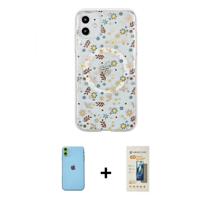 MARSİLYAN™- iPhone 11 Kılıf Pusula Form - Siyah 6D Mat Seramik Hayalet Nano Ekran Koruyucu + Neon Fosforlu Kamera Lens - YL