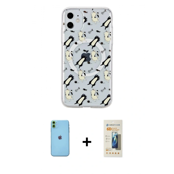 MARSİLYAN™- iPhone 11 Kılıf Pusula Form - Siyah 6D Mat Seramik Hayalet Nano Ekran Koruyucu + Neon Fosforlu Kamera Lens - YL