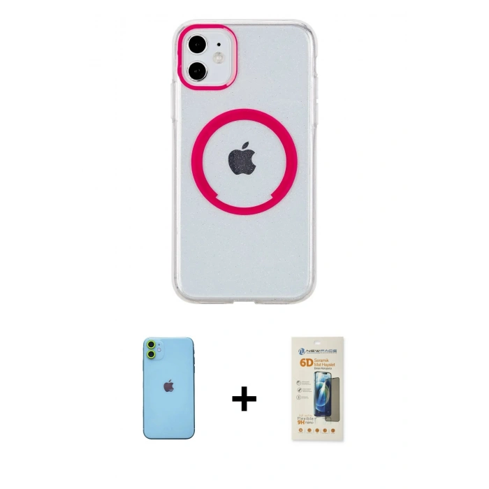 MARSİLYAN™- iPhone 11 Kılıf Pusula Form - Siyah 6D Mat Seramik Hayalet Nano Ekran Koruyucu + Neon Fosforlu Kamera Lens - YL