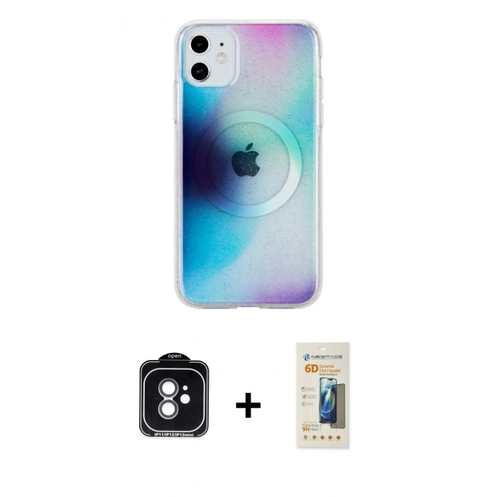 MARSİLYAN™- iPhone 11 Kılıf Pusula Form - Siyah 6D Mat Seramik Hayalet Nano Ekran Koruyucu + PVD Metal Kamera Lens - YL