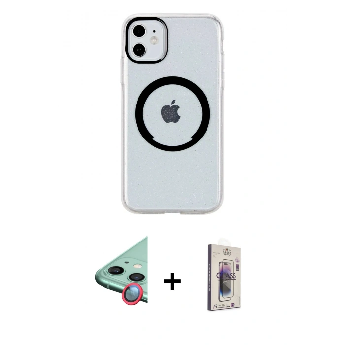 MARSİLYAN™- iPhone 11 Kılıf Pusula Form - Siyah Bilvis 3D Cam Ekran Koruyucu + Raze Metal Kamera Lens - KI
