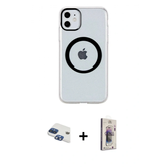 MARSİLYAN™- iPhone 11 Kılıf Pusula Form - Siyah Bilvis 3D Cam Ekran Koruyucu + Pers Alüminyum Kamera Lens - LT