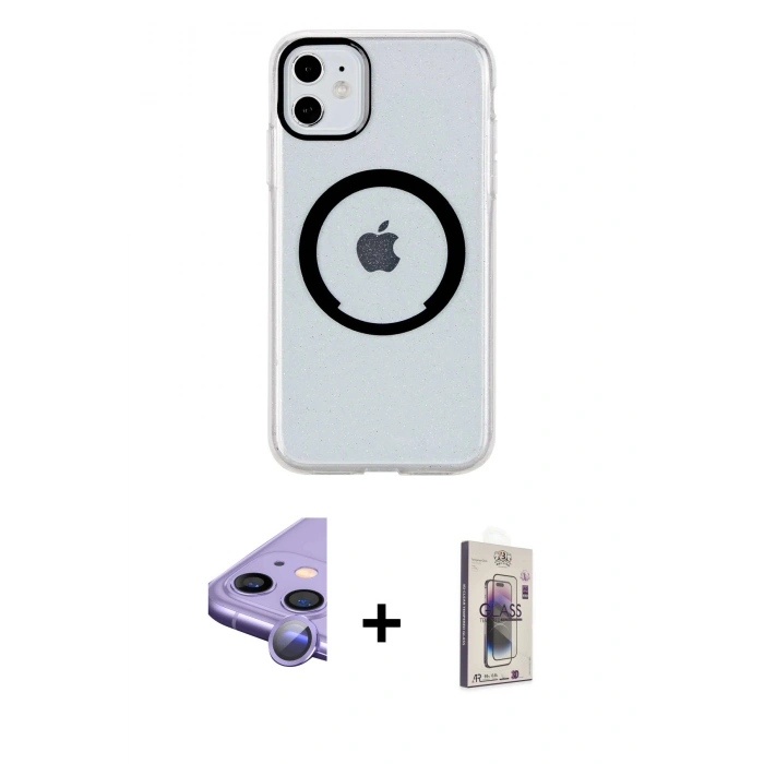 MARSİLYAN™- iPhone 11 Kılıf Pusula Form - Siyah Bilvis 3D Cam Ekran Koruyucu + Raze Metal Kamera Lens - MR