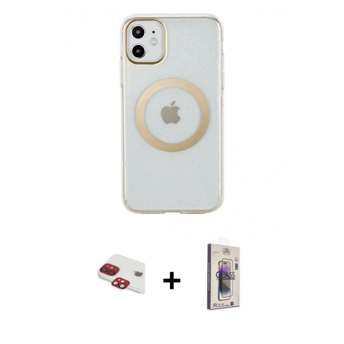 MARSİLYAN™- iPhone 11 Kılıf Pusula Form - Siyah Bilvis 3D Cam Ekran Koruyucu + Pers Alüminyum Kamera Lens - KI