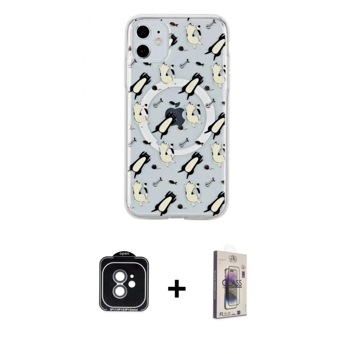 MARSİLYAN™- iPhone 11 Kılıf Pusula Form - Siyah Bilvis 3D Cam Ekran Koruyucu + PVD Metal Kamera Lens - YL