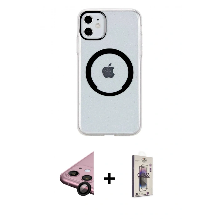 MARSİLYAN™- iPhone 11 Kılıf Pusula Form - Siyah Bilvis 3D Cam Ekran Koruyucu + Raze Metal Kamera Lens - SH