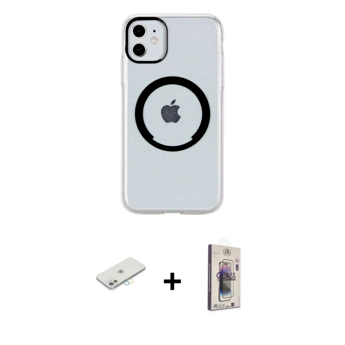 MARSİLYAN™- iPhone 11 Kılıf Pusula Form - Siyah Bilvis 3D Cam Ekran Koruyucu + Renkli Kamera Lens Koruma Cam - SI