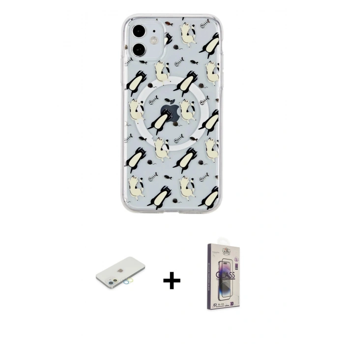 MARSİLYAN™- iPhone 11 Kılıf Pusula Form - Siyah Bilvis 3D Cam Ekran Koruyucu + Renkli Kamera Lens Koruma Cam - SI