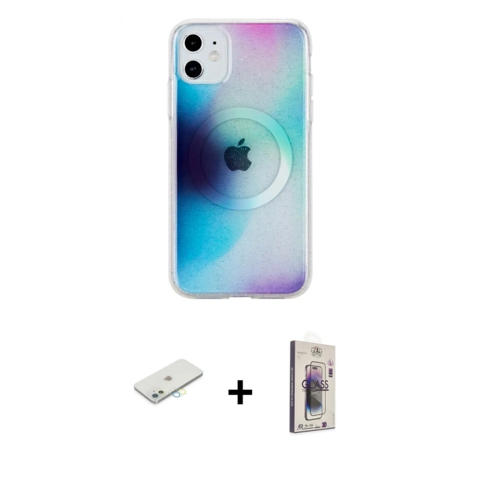 MARSİLYAN™- iPhone 11 Kılıf Pusula Form - Siyah Bilvis 3D Cam Ekran Koruyucu + Renkli Kamera Lens Koruma Cam - SI
