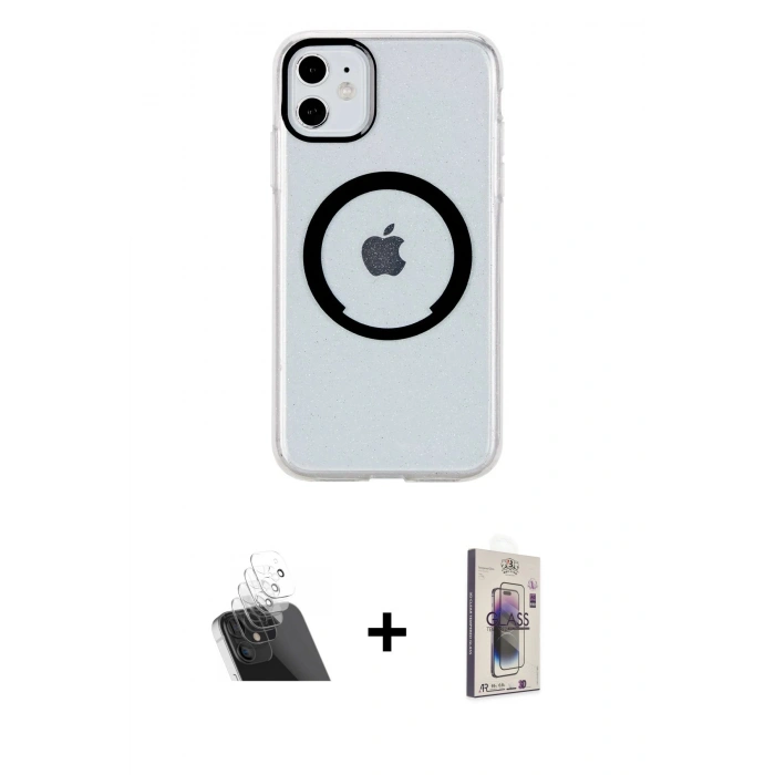 MARSİLYAN™- iPhone 11 Kılıf Pusula Form - Siyah Bilvis 3D Cam Ekran Koruyucu + Şeffaf Kamera Lens Koruma Cam