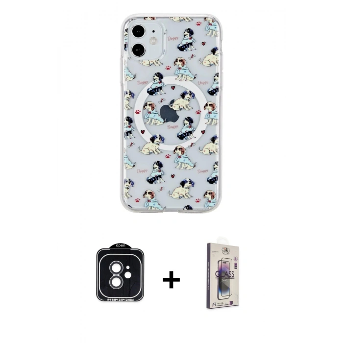 MARSİLYAN™- iPhone 11 Kılıf Pusula Form - Siyah Bilvis 3D Cam Ekran Koruyucu + PVD Metal Kamera Lens - SH