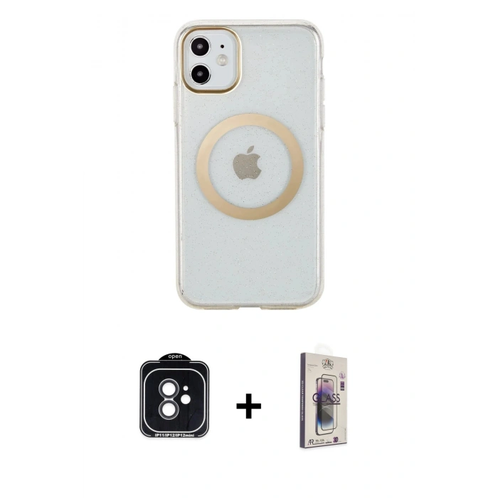 MARSİLYAN™- iPhone 11 Kılıf Pusula Form - Siyah Bilvis 3D Cam Ekran Koruyucu + PVD Metal Kamera Lens - SH