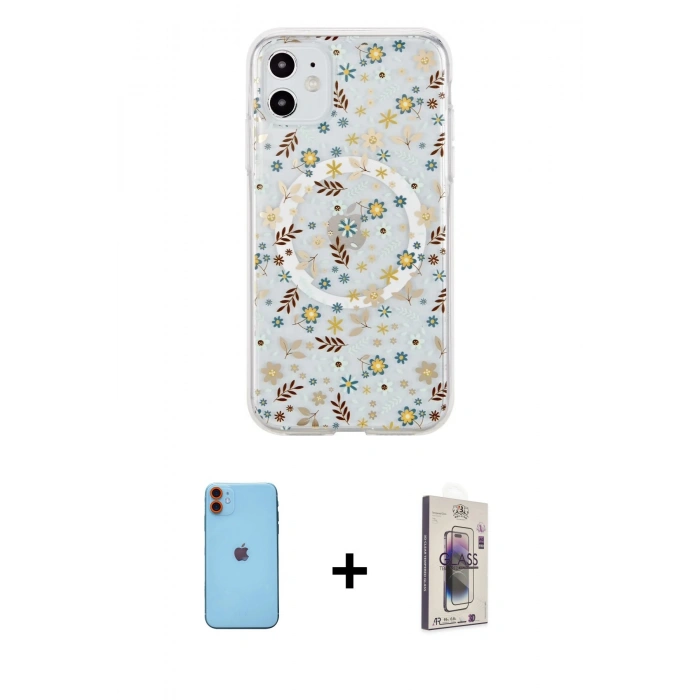 MARSİLYAN™- iPhone 11 Kılıf Pusula Form - Siyah Bilvis 3D Cam Ekran Koruyucu + Neon Fosforlu Kamera Lens - TU