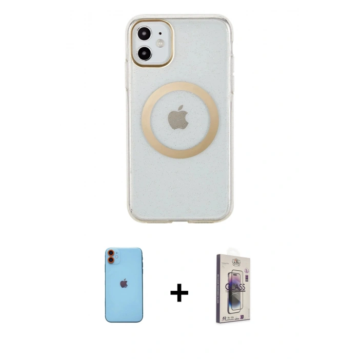 MARSİLYAN™- iPhone 11 Kılıf Pusula Form - Siyah Bilvis 3D Cam Ekran Koruyucu + Neon Fosforlu Kamera Lens - TU