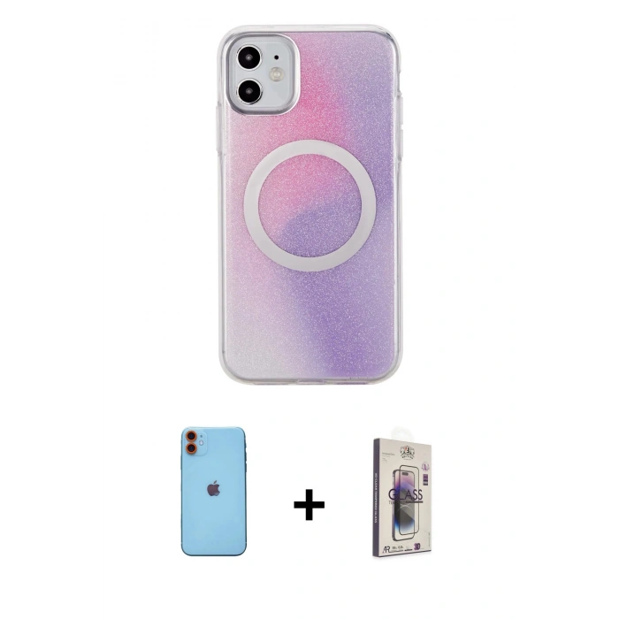MARSİLYAN™- iPhone 11 Kılıf Pusula Form - Siyah Bilvis 3D Cam Ekran Koruyucu + Neon Fosforlu Kamera Lens - TU