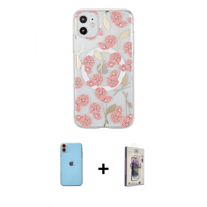 MARSİLYAN™- iPhone 11 Kılıf Pusula Form - Siyah Bilvis 3D Cam Ekran Koruyucu + Neon Fosforlu Kamera Lens - TU