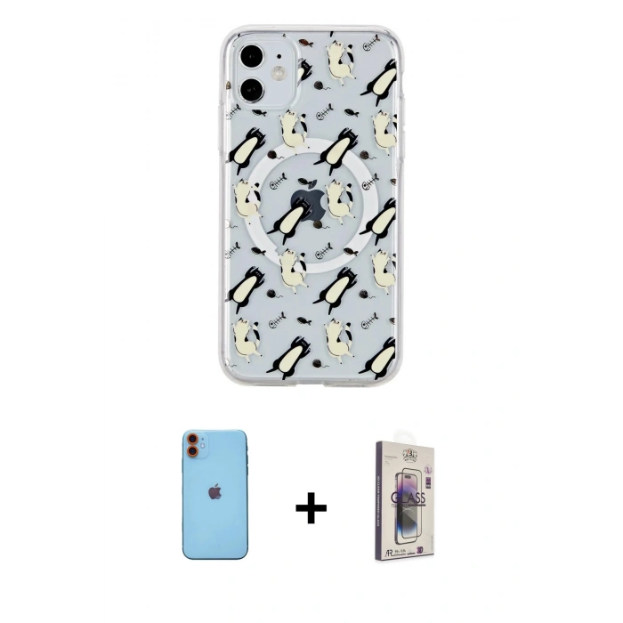 MARSİLYAN™- iPhone 11 Kılıf Pusula Form - Siyah Bilvis 3D Cam Ekran Koruyucu + Neon Fosforlu Kamera Lens - TU