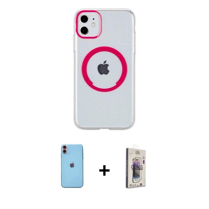 MARSİLYAN™- iPhone 11 Kılıf Pusula Form - Siyah Bilvis 3D Cam Ekran Koruyucu + Neon Fosforlu Kamera Lens - TU