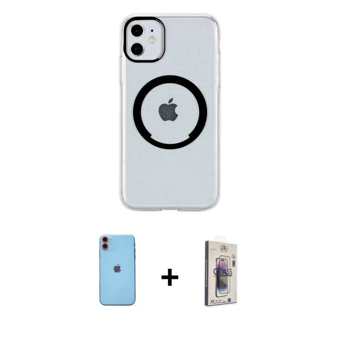 MARSİLYAN™- iPhone 11 Kılıf Pusula Form - Siyah Bilvis 3D Cam Ekran Koruyucu + Neon Fosforlu Kamera Lens - TU