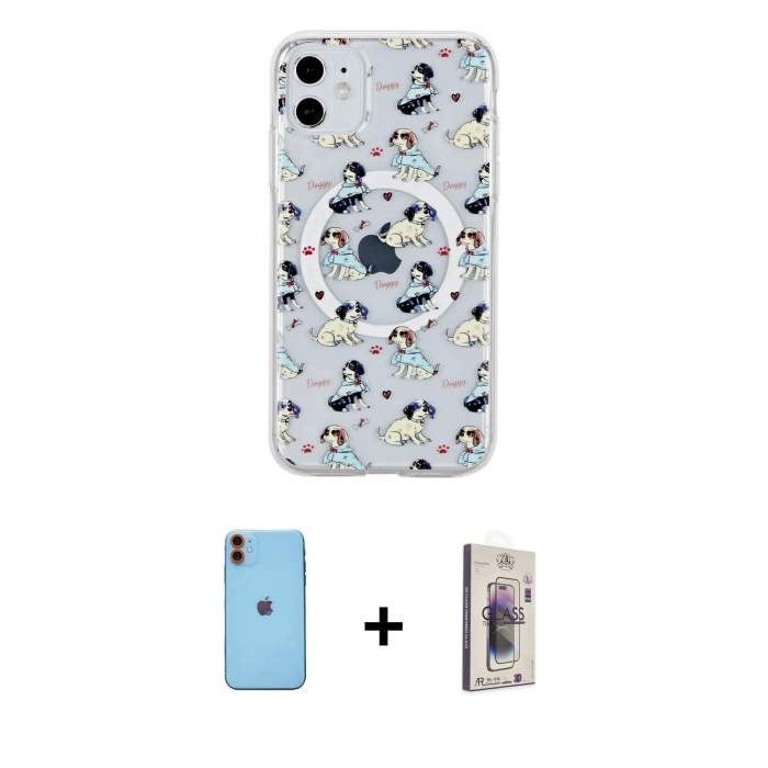 MARSİLYAN™- iPhone 11 Kılıf Pusula Form - Siyah Bilvis 3D Cam Ekran Koruyucu + Neon Fosforlu Kamera Lens - TU