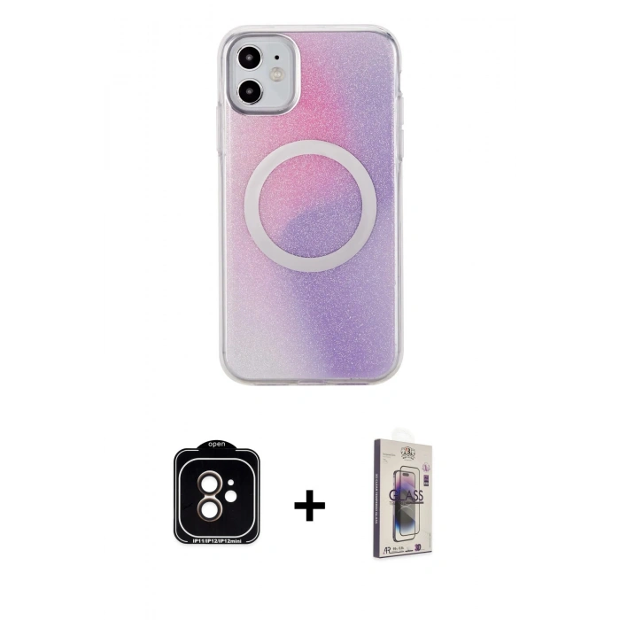 MARSİLYAN™- iPhone 11 Kılıf Pusula Form - Siyah Bilvis 3D Cam Ekran Koruyucu + PVD Metal Kamera Lens - TU