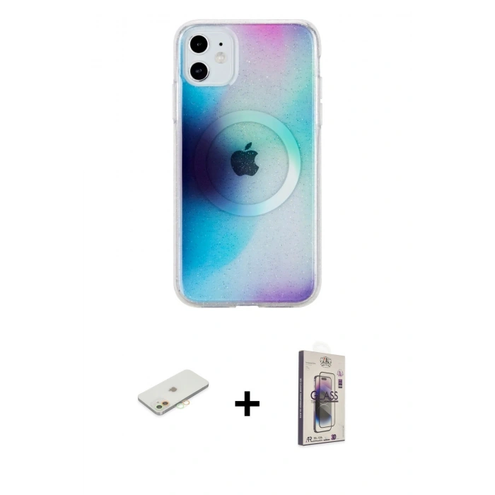 MARSİLYAN™- iPhone 11 Kılıf Pusula Form - Siyah Bilvis 3D Cam Ekran Koruyucu + Renkli Kamera Lens Koruma Cam - TU