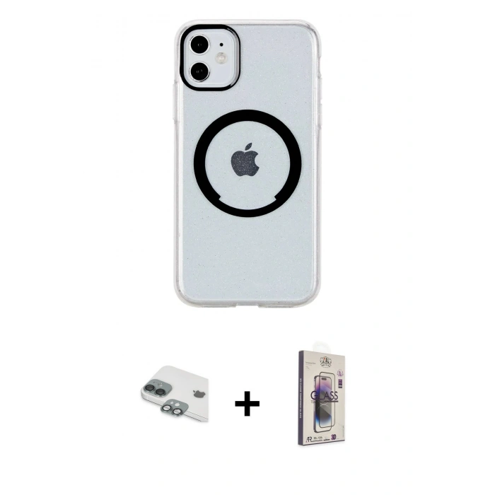 MARSİLYAN™- iPhone 11 Kılıf Pusula Form - Siyah Bilvis 3D Cam Ekran Koruyucu + Pers Alüminyum Kamera Lens - YL