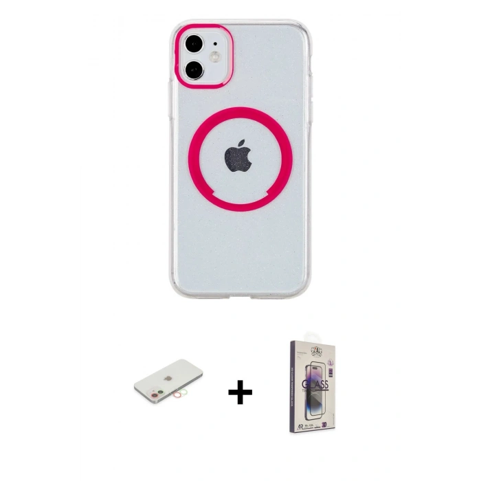 MARSİLYAN™- iPhone 11 Kılıf Pusula Form - Siyah Bilvis 3D Cam Ekran Koruyucu + Renkli Kamera Lens Koruma Cam - YL