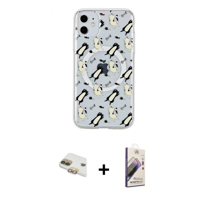MARSİLYAN™- iPhone 11 Kılıf Pusula Form - Siyah Bilvis 3D Mat Cam Ekran Koruyucu + Pers Alüminyum Kamera Lens - GD