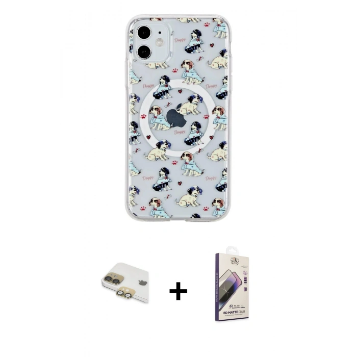 MARSİLYAN™- iPhone 11 Kılıf Pusula Form - Siyah Bilvis 3D Mat Cam Ekran Koruyucu + Pers Alüminyum Kamera Lens - GD