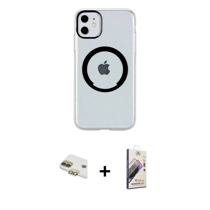 MARSİLYAN™- iPhone 11 Kılıf Pusula Form - Siyah Bilvis 3D Mat Cam Ekran Koruyucu + Pers Alüminyum Kamera Lens - GD
