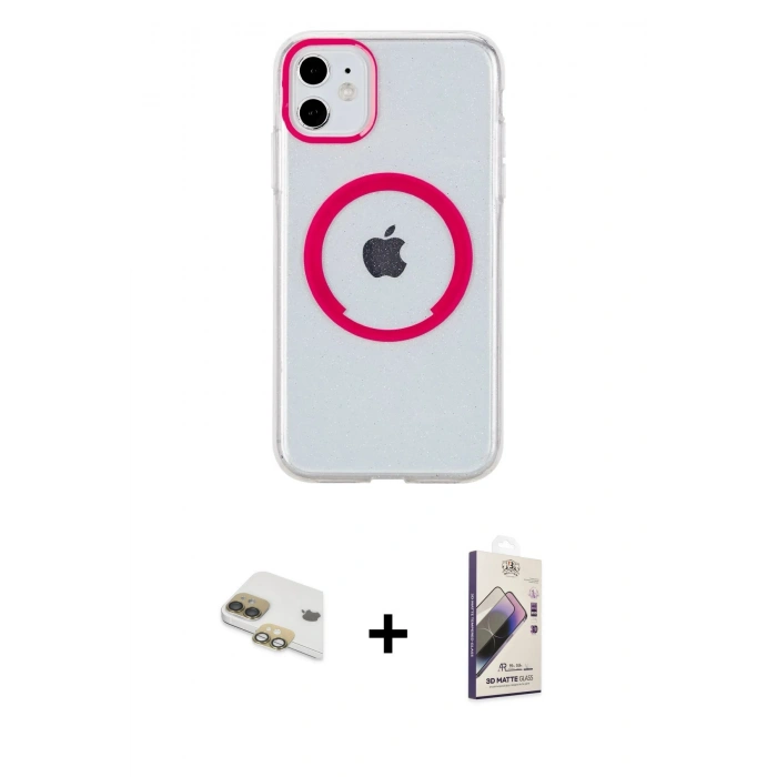 MARSİLYAN™- iPhone 11 Kılıf Pusula Form - Siyah Bilvis 3D Mat Cam Ekran Koruyucu + Pers Alüminyum Kamera Lens - GD