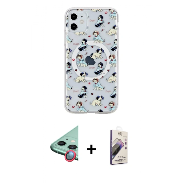 MARSİLYAN™- iPhone 11 Kılıf Pusula Form - Siyah Bilvis 3D Mat Cam Ekran Koruyucu + Raze Metal Kamera Lens - KI