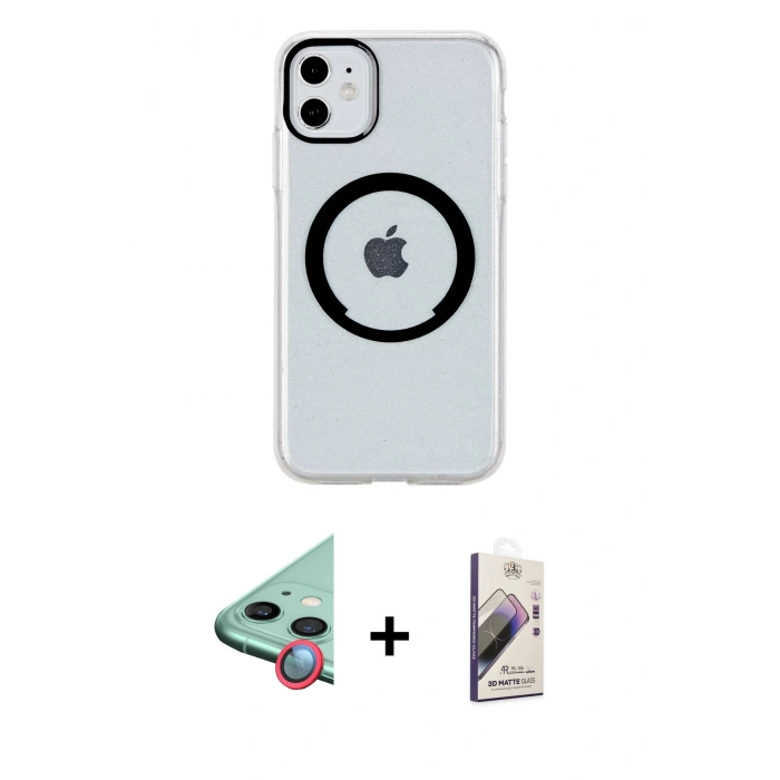 MARSİLYAN™- iPhone 11 Kılıf Pusula Form - Siyah Bilvis 3D Mat Cam Ekran Koruyucu + Raze Metal Kamera Lens - KI