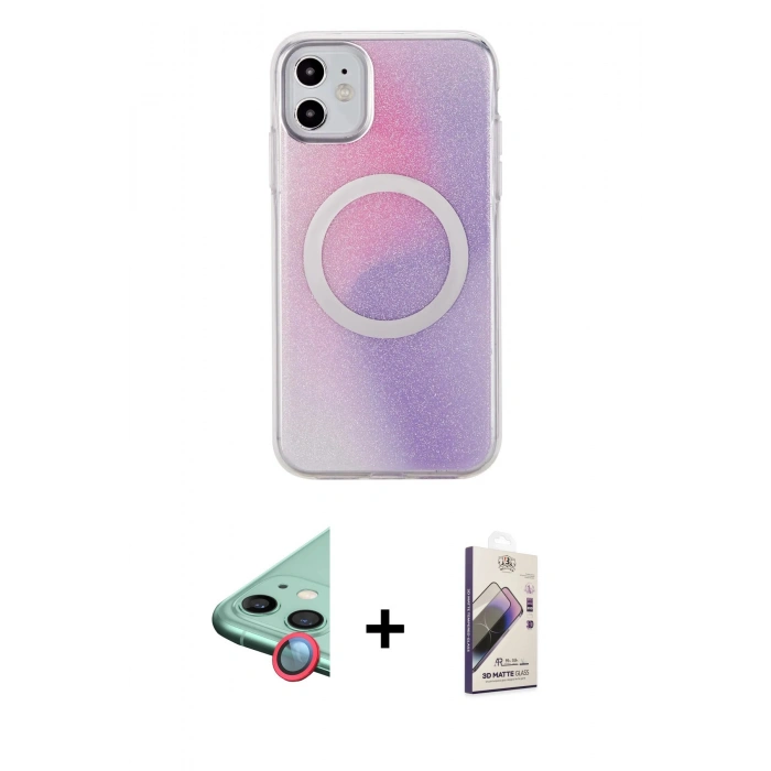 MARSİLYAN™- iPhone 11 Kılıf Pusula Form - Siyah Bilvis 3D Mat Cam Ekran Koruyucu + Raze Metal Kamera Lens - KI