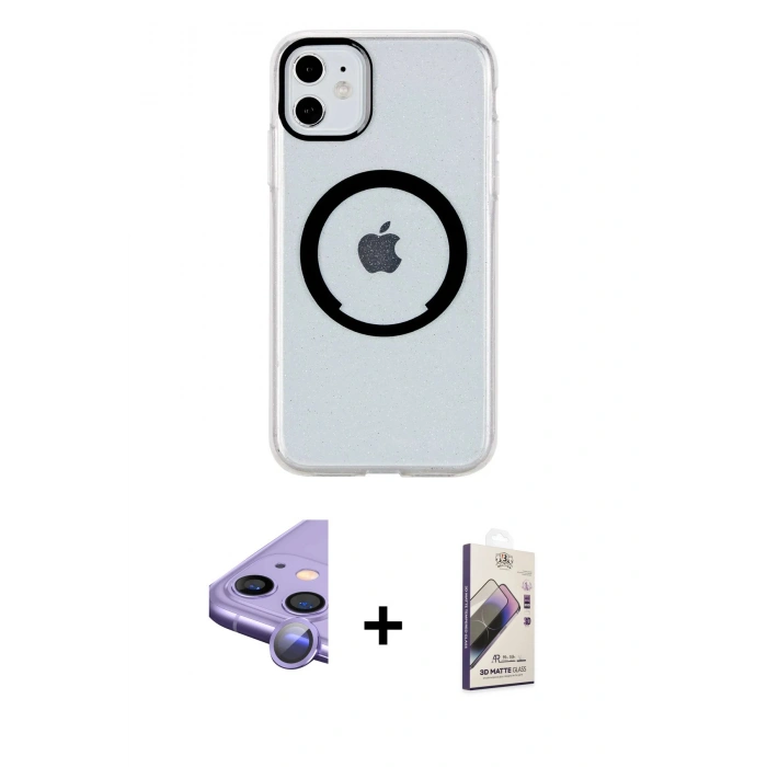 MARSİLYAN™- iPhone 11 Kılıf Pusula Form - Siyah Bilvis 3D Mat Cam Ekran Koruyucu + Raze Metal Kamera Lens - MR