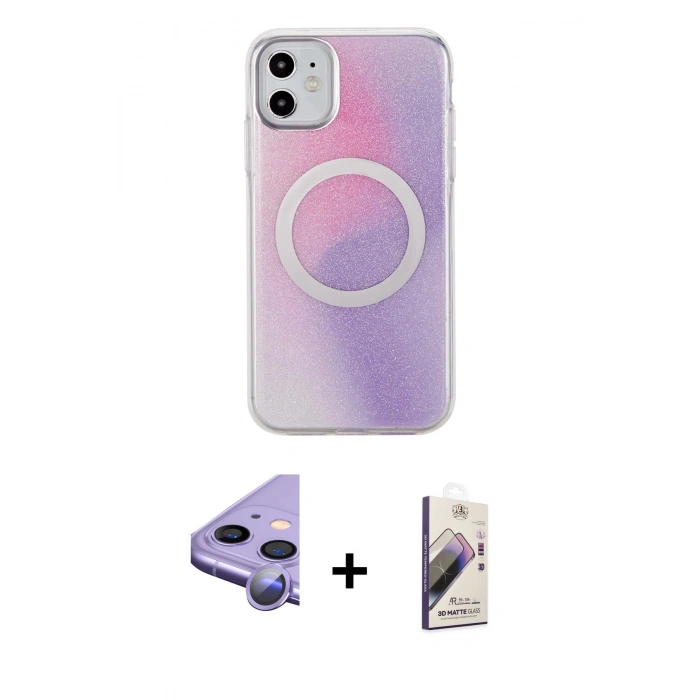 MARSİLYAN™- iPhone 11 Kılıf Pusula Form - Siyah Bilvis 3D Mat Cam Ekran Koruyucu + Raze Metal Kamera Lens - MR