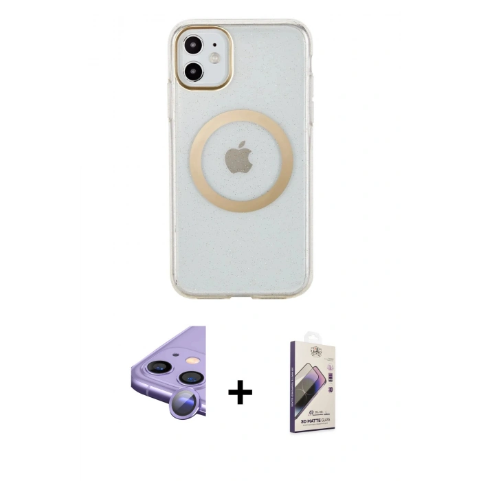MARSİLYAN™- iPhone 11 Kılıf Pusula Form - Siyah Bilvis 3D Mat Cam Ekran Koruyucu + Raze Metal Kamera Lens - MR