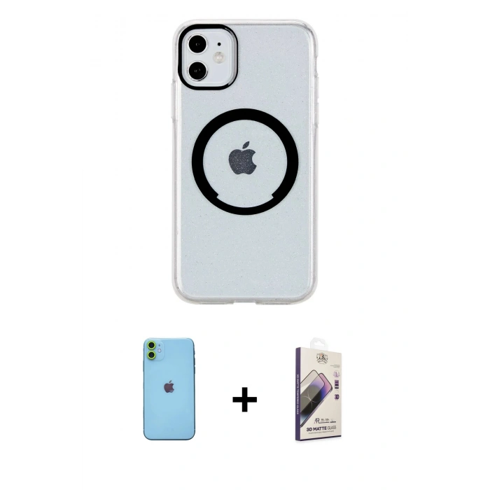 MARSİLYAN™- iPhone 11 Kılıf Pusula Form - Siyah Bilvis 3D Mat Cam Ekran Koruyucu + Neon Fosforlu Kamera Lens - YL