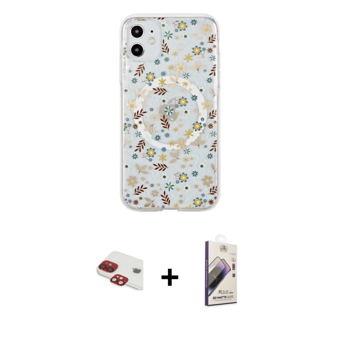 MARSİLYAN™- iPhone 11 Kılıf Pusula Form - Siyah Bilvis 3D Mat Cam Ekran Koruyucu + Pers Alüminyum Kamera Lens - KI