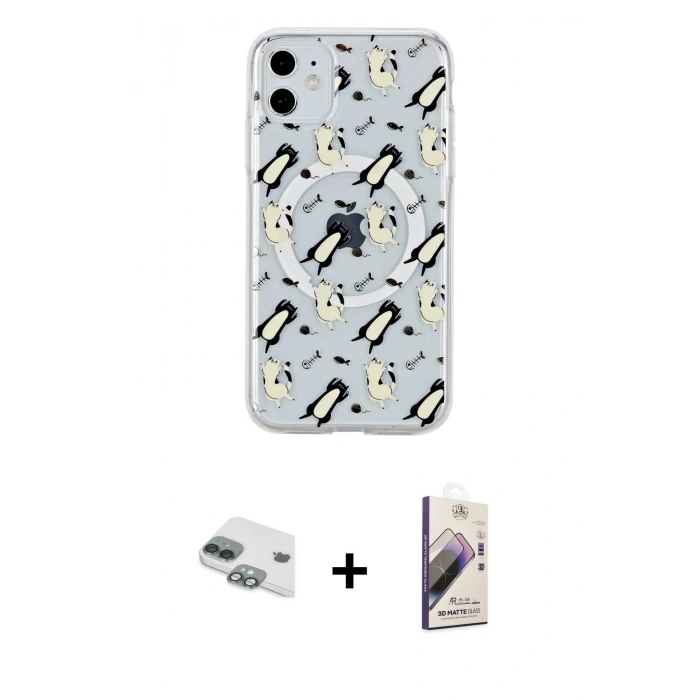 MARSİLYAN™- iPhone 11 Kılıf Pusula Form - Siyah Bilvis 3D Mat Cam Ekran Koruyucu + Pers Alüminyum Kamera Lens - YL