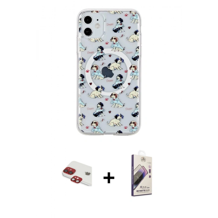 MARSİLYAN™- iPhone 11 Kılıf Pusula Form - Siyah Bilvis 3D Mat Cam Ekran Koruyucu + Pers Alüminyum Kamera Lens - KI